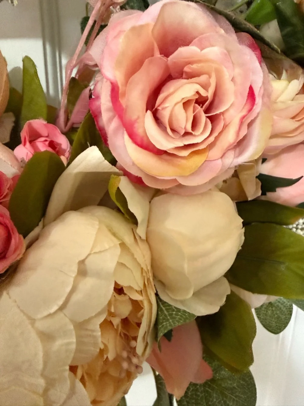 Pink & Cream Floral Wreath with Patterned Bow, measuring 23 x 23”